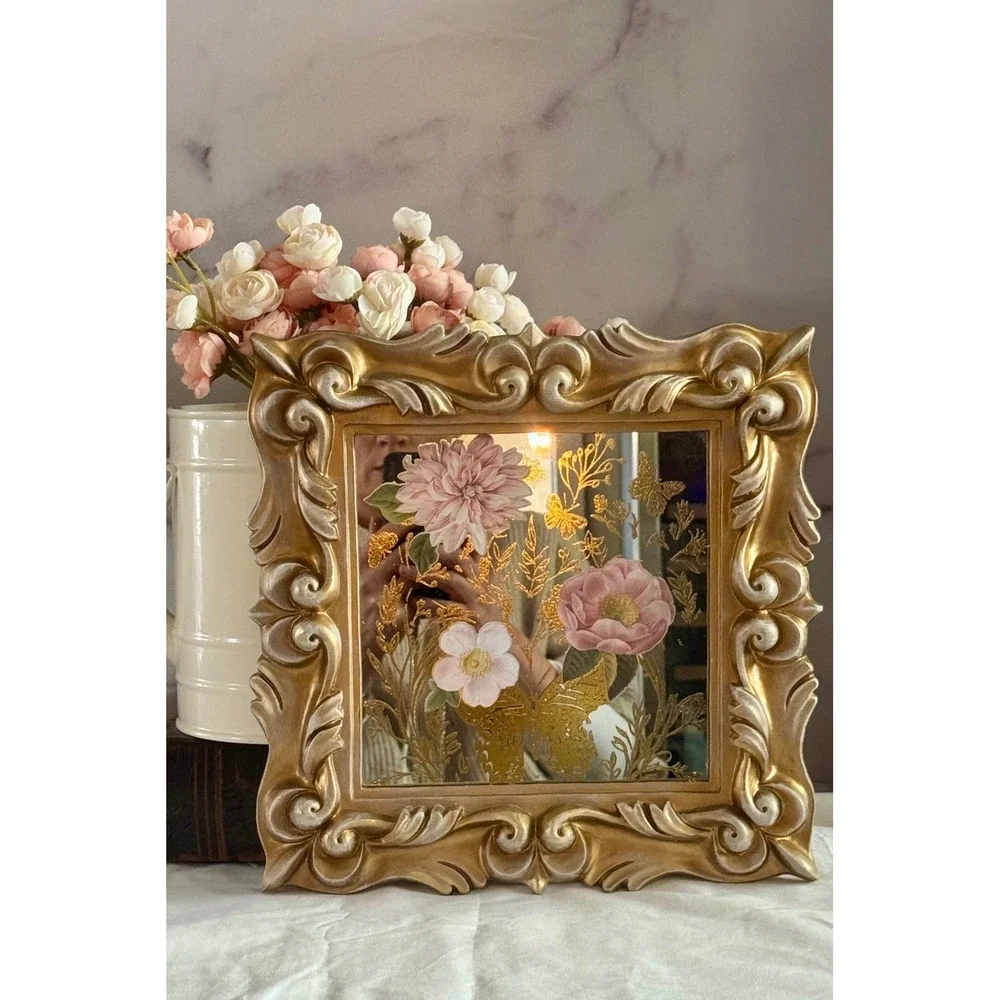 Vintage Ornate Gold Frame Floral Mirror Art Pink Flowers Butterflies 11x11 in